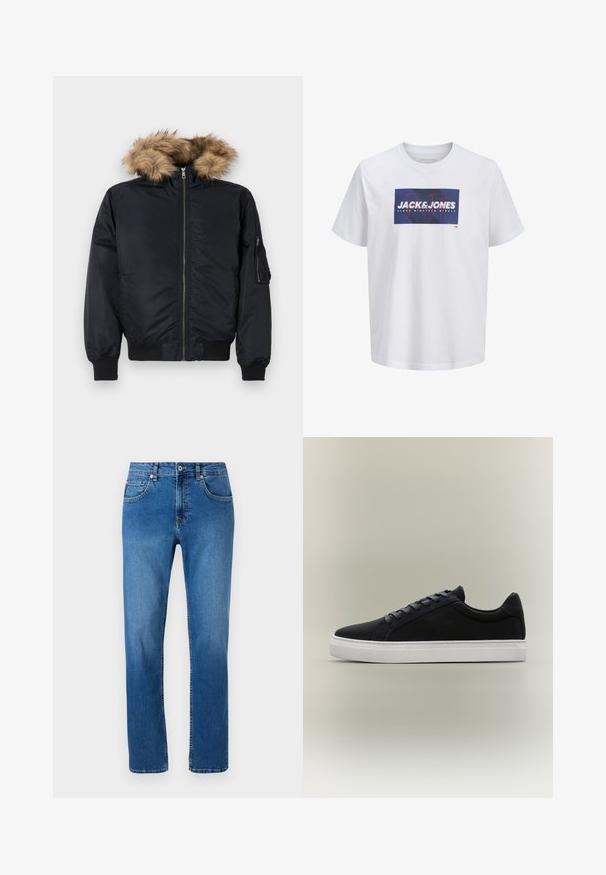 Veste bombardier noire avec une capuche en fausse fourrure, fermeture éclair à l'avant, poignets côtelés et poches latérales. Extérieur lisse avec un léger éclat.; T-shirt blanc à manches courtes avec un logo rectangulaire bleu sur la poitrine portant l'inscription "JACK & JONES" et "SINCE NINETEEN NINETY".; Jeans en denim bleu avec une coupe droite, dotés d'un design classique à cinq poches et de détails de couture subtils le long des coutures.; Baskets basses noires avec semelle en caoutchouc blanche, design à lacets et col rembourré, présentées sur un fond gris neutre.