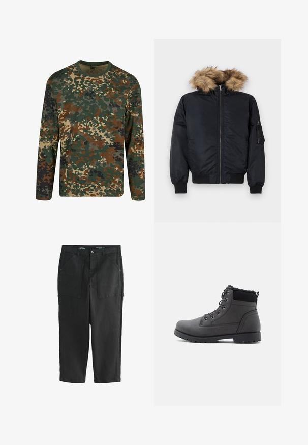 Schwarze Bomberjacke mit einer Kunstfellkapuze, Reißverschluss vorne, gerippten Bündchen und Seitentaschen. Glatte Außenseite mit dezentem Glanz.; Langärmliges Camouflage-T-Shirt in Grün, Braun und Beige mit einem runden Ausschnitt. Es verfügt über ein gemischtes Muster aus unregelmäßigen Flecken und Texturen.; Schwarze, lässig geschnittene Baumwollhosen. Verfügt über mehrere Vordertaschen, einen Reißverschluss und eine strapazierfähige Struktur mit geraden Beinen.; Schwarze Knöchelstiefel aus glattem synthetischem Material, mit einem strukturierten Oberteil, Schnürdesign und einer robusten Gummisohle.