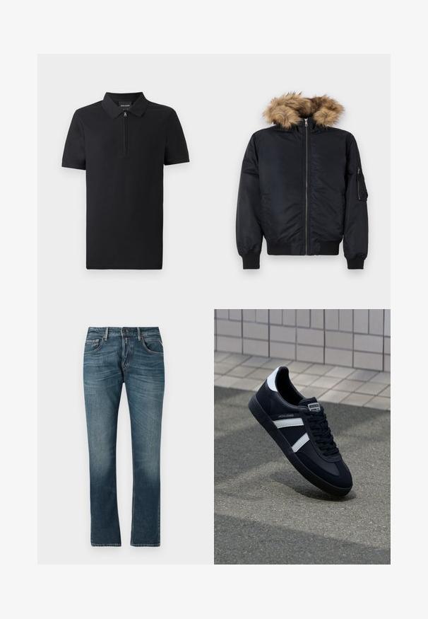 Schwarze Bomberjacke mit einer Kunstfellkapuze, Reißverschluss vorne, gerippten Bündchen und Seitentaschen. Glatte Außenseite mit dezentem Glanz.; Schwarzes Poloshirt mit kurzen Ärmeln und durchgehendem Reißverschlusskragen, aus glattem Stoff gefertigt, mit klassischem Design und taillierter Passform.; Blaue Jeans aus Denim mit geradem Bein, faded Waschung, Fünf-Taschen-Design und kontrastierender Nähten. Knopf- und Reißverschluss.; Schwarze Leder-Sneaker mit weißen Streifen, strukturiertem Gummisohle und Schnürung. Verfügt über ein Markenetikett auf der Zunge.