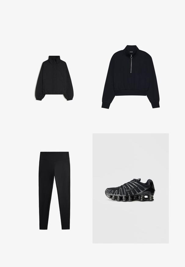 Sort dunjakke med høj krave, frontknapper med trykknapper, elastiske ærmeafslutninger og sidelommer, designet til koldt vejr.; Sort cropped pullover lavet af blødt stof, med en høj krave, en frontlynlås med en sølvfarvet træk, og ribbede manchetter og kant.; Sorte leggings lavet af glat, strækbart stof. Har en bred talje og en tapered ben-design, velegnet til aktiv eller afslappet brug.; Sort sportssko med en tekstureret mesh-overdel og en karakteristisk klodset sål med afrundede sektioner. Snørebånd og forstærket hæl for støtte.
