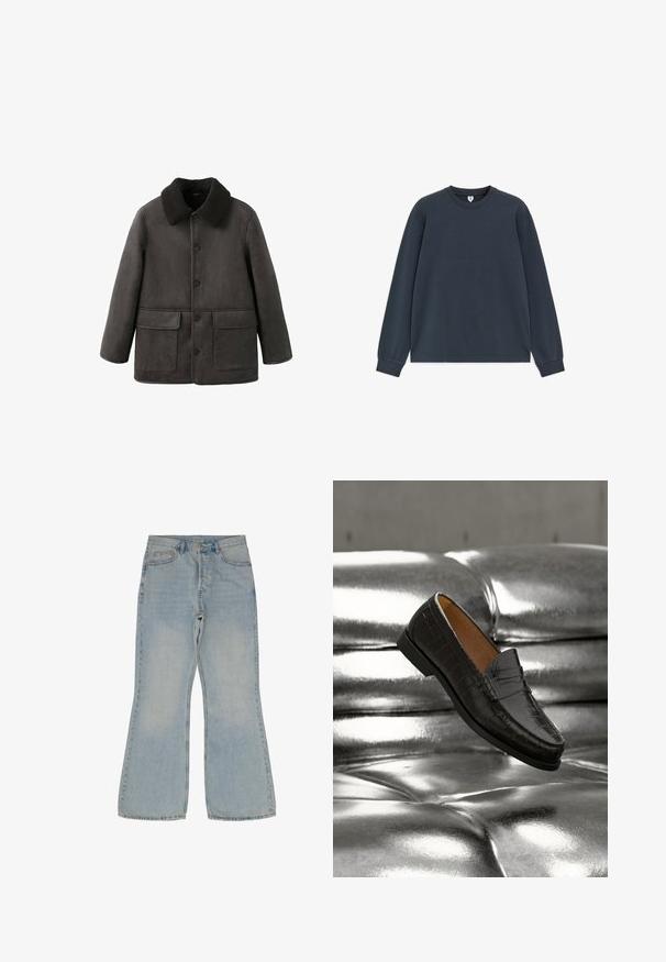 Chaqueta gris oscuro hecha de material similar al ante, con un cuello de piel sintética negra, dos bolsillos frontales y cierres de botón.; Sudadera de cuello redondo de manga larga en gris oscuro con puños acanalados, mostrada sobre fondo blanco.; Jeans acampanados de color azul claro, fabricados en denim. Cuentan con cinco bolsillos, un cierre de botón y costuras contrastantes a lo largo de las costuras.; Mocasín de cuero negro con patrón de cocodrilo flotando sobre un sofá de plata brillante con capitoné, mostrando detalles y textura del zapato en una vista de primer plano.