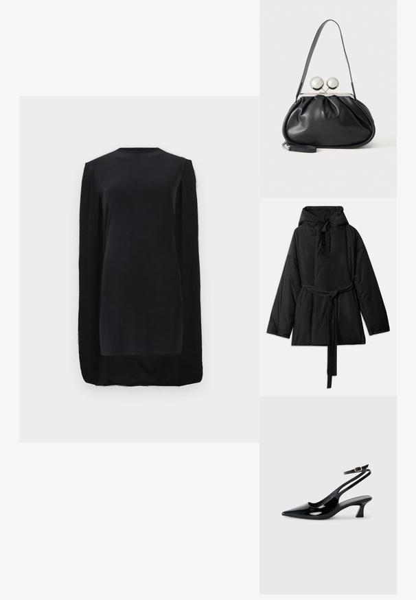Black padded jacket with a hood, adjustable tie belt, long sleeves, and a smooth texture. Plain design, no visible patterns or hardware.; Black long-sleeve mini dress with a round neckline and a cape-like overlay extending from the shoulders to the hem.; Black patent leather slingback heels with pointed toe, low block heel, and adjustable ankle strap featuring a gold buckle.; Black leather handbag with a gathered design, single strap, silver metal frame, and two large round silver clasp closures.