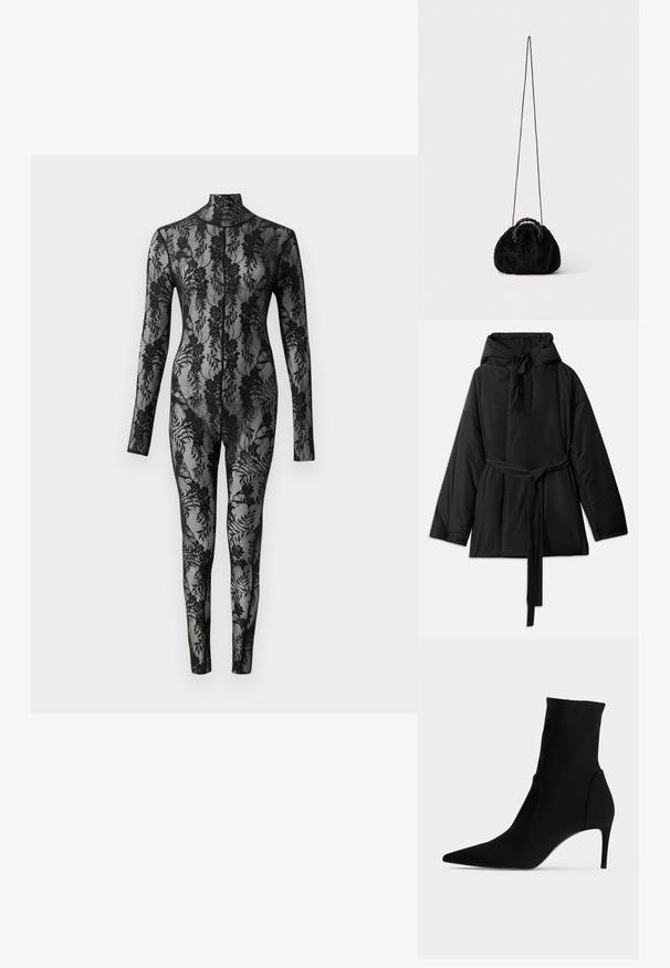 Veste noire rembourrée avec capuche, ceinture à nouer réglable, manches longues et texture lisse. Design uni, sans motifs visibles ni matériel.; Bodysuit en dentelle noire avec des manches longues, un col montant et un motif floral couvrant toute la surface. Design ajusté avec une texture transparente.; Bottine noire à bout pointu et talon haut et fin, présentée de profil sur fond clair. Design épuré et minimaliste.; Petit sac à main noir en fausse fourrure avec poignées tressées sur le dessus et longue bandoulière fine sur fond uni.