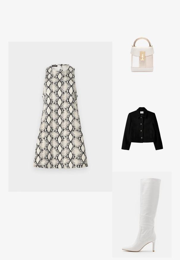 Veste noire courte en mélange de laine, avec un col, une fermeture à boutons et deux poches avant au toucher lisse.; Une robe sans manches avec un motif de serpent beige et noir, un col rond et une fermeture éclair dans le dos.; RAID TRIBUTE - Bottes à talons hauts - white; Sac à main structuré avec un design de panneaux texturés beige, blanc et métalliques. Comprend un fermoir doré, une courte anse et une finition en cuir lisse.