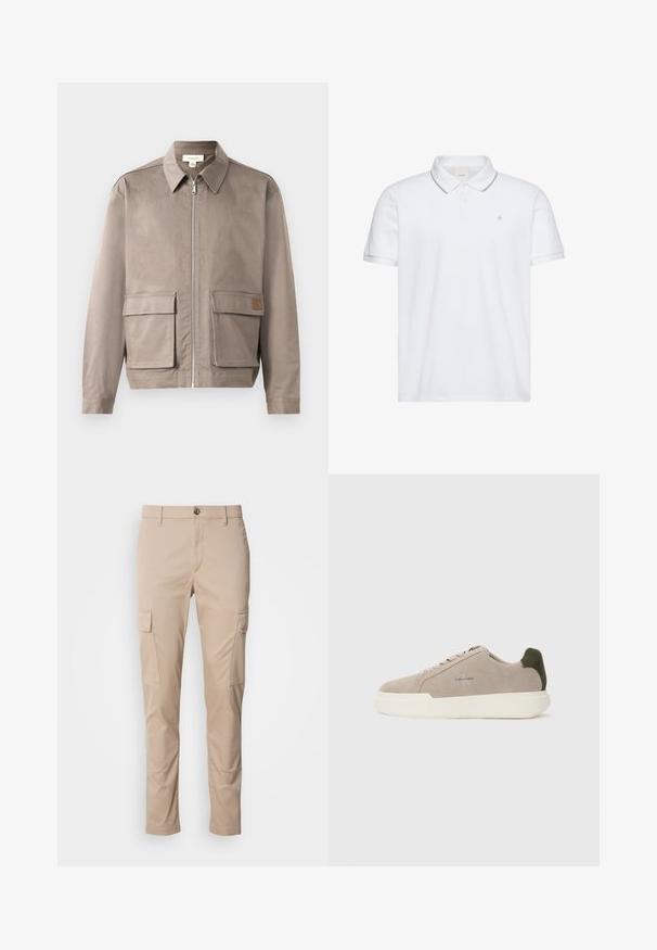 Lys beige jakke med lynlås foran, spids krave og to forsætslommer. Materialet har en glat, let struktureret overflade.; Hvid kortærmet polo med to-knaps lukning, grå kant på krave og ærmekanter samt lille "ck" logo broderet på brystet.; Beige cargo bukser med to sidelommer, slim fit, lavet af letvægtsstof, med en frontknaplukning og bæltesløjfer.; Beige ruskinds sneakers med en hvid gummisål, der har en mørkegrøn hælaccent og subtil branding på siden.