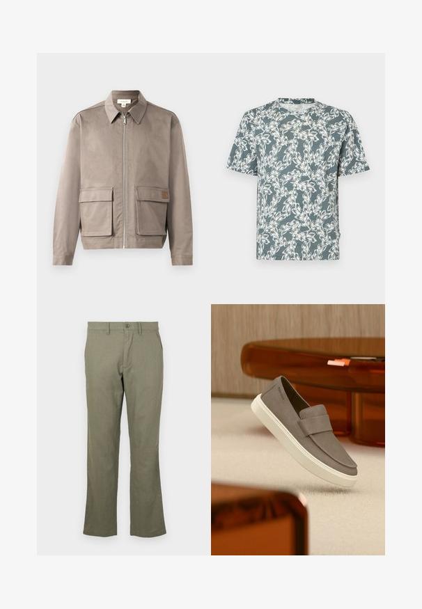 Lys beige jakke med lynlås foran, spids krave og to forsætslommer. Materialet har en glat, let struktureret overflade.; Kortærmet T-shirt i teal-farve med et hvidt blomsterdesign. Fremstillet af letvægtsstof med en afslappet pasform.; Afslappede olivengrønne bukser lavet af et blødt stof. Har en lige benlængde, forlommer og knaplukning. Ingen synlige mønstre.; Grå ruskind slip-on sko med hvid sål svævende over beige tæppe, med gennemsigtigt orange møbel i baggrunden.