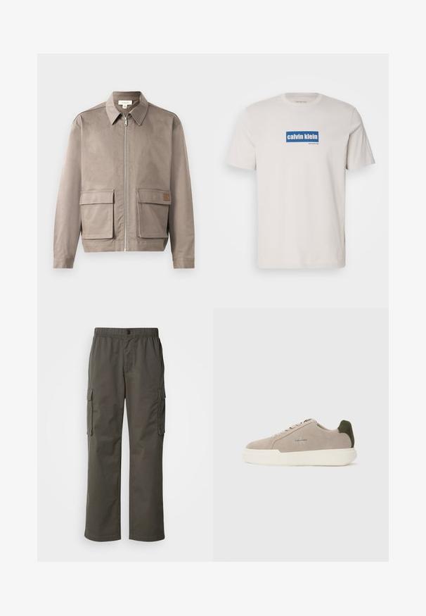 Lys beige jakke med lynlås foran, spids krave og to forsætslommer. Materialet har en glat, let struktureret overflade.; Hvid bomulds T-shirt med et blåt rektangulært logo med "calvin klein" og "new york city" i hvid tekst på forsiden. Klassisk pasform.; Cargo bukser i mørkegrå med elastisk talje, to sidelommer og en afslappet pasform. Fremstillet af holdbart stof med en glat tekstur.; Beige ruskinds sneakers med en hvid gummisål, der har en mørkegrøn hælaccent og subtil branding på siden.
