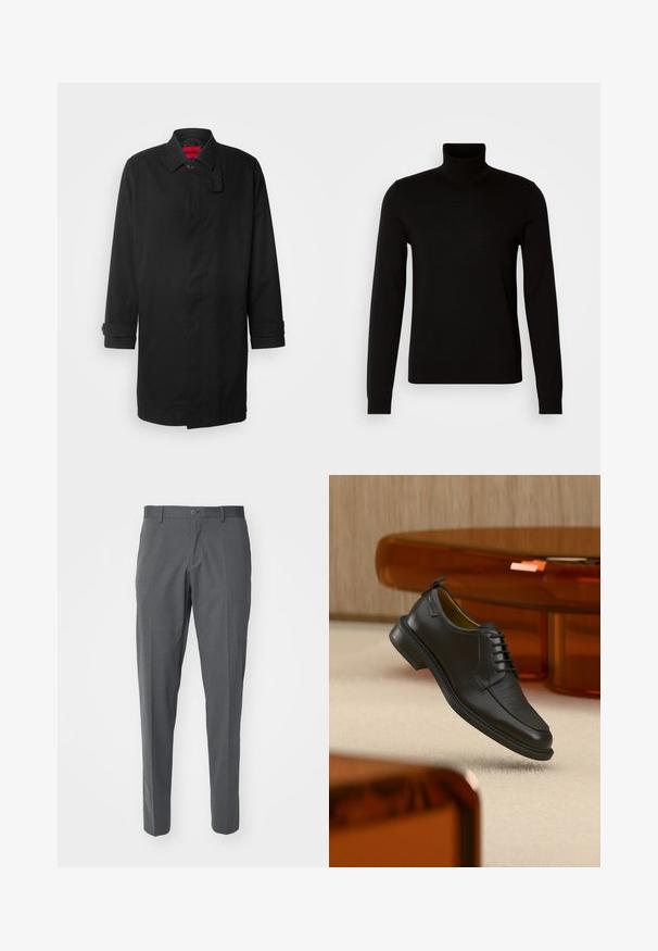 Abrigo de lluvia negro con un diseño clásico, que cuenta con cierre de botones, cuello y puños enrollados. Textura suave, sin patrones o acentos visibles.; Suéter negro de cuello alto confeccionado en un tejido de punto fino, con mangas largas y una silueta ajustada. Textura suave con puños acanalados.; Pantalones grises hechos de una tela suave, con cierre de botón, bolsillos delanteros y un diseño ajustado.; Zapato de vestir negro de piel con cordones y parte delantera texturizada, flotando sobre una alfombra beige en una habitación moderna con muebles de tono ámbar.