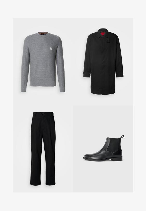 Sort regnjakke med klassisk design, der har knaplukning, krave og opkrøllede manchetter. Glat tekstur, ingen synlige mønstre eller accenter.; Grå, strikket sweater med lange ærmer, ribbede manchetter og rund halsudskæring. Har et lille kvadratisk logo på brystet.; Sorte lige ben bukser med en knaplukket talje, bæltestropper og en frontfold, præsenteret mod en ensfarvet hvid baggrund.; Sorte læder ankelstøvler med elastiske sidepaneler, rund tå og en trækloft. Glat tekstur, flad sål, minimalistisk design.