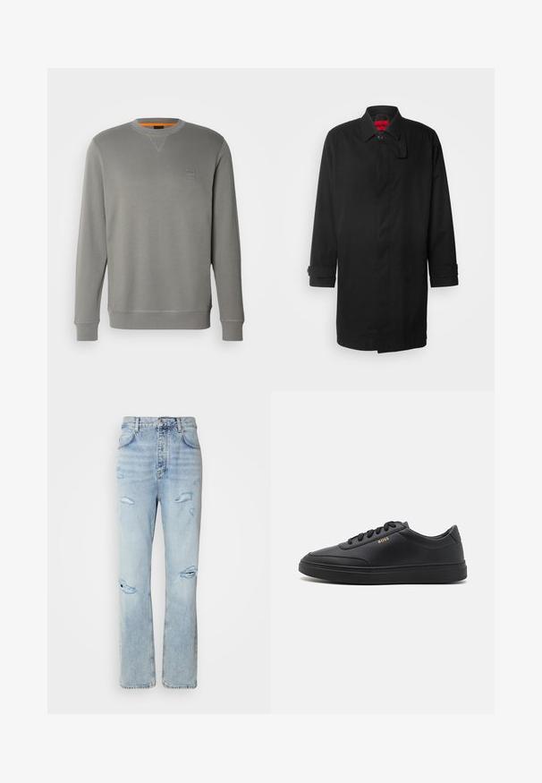 Abrigo de lluvia negro con un diseño clásico, que cuenta con cierre de botones, cuello y puños enrollados. Textura suave, sin patrones o acentos visibles.; BOSS WESTART - Sudadera - open grey sixteen; Jeans de mezclilla de lavado claro con un corte relajado, que presentan áreas desgastadas y bordes deshilachados. La tela tiene una textura suave y lisa.; Zapatillas de cuero negro con una textura suave, punta redondeada, suela plana de goma y cordones a tono. Presentan el logotipo dorado "BOSS" en el lateral.