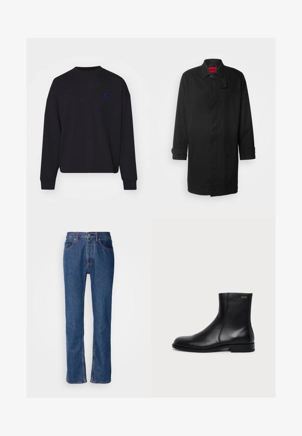 Sort regnjakke med klassisk design, der har knaplukning, krave og opkrøllede manchetter. Glat tekstur, ingen synlige mønstre eller accenter.; Sort sweatshirt lavet af bomuld, med rund halsudskæring og løs pasform. Den har et lille blåt broderet logo på brystet.; Blå denimjeans med lige snit, fem-lomme-design og lys syning. Har lynlås og knaplukning foran.; Sort læderankelstøvle med lav hæl, sidesyning og lille "HUGO" logo på den øverste manchet mod en ensfarvet baggrund.