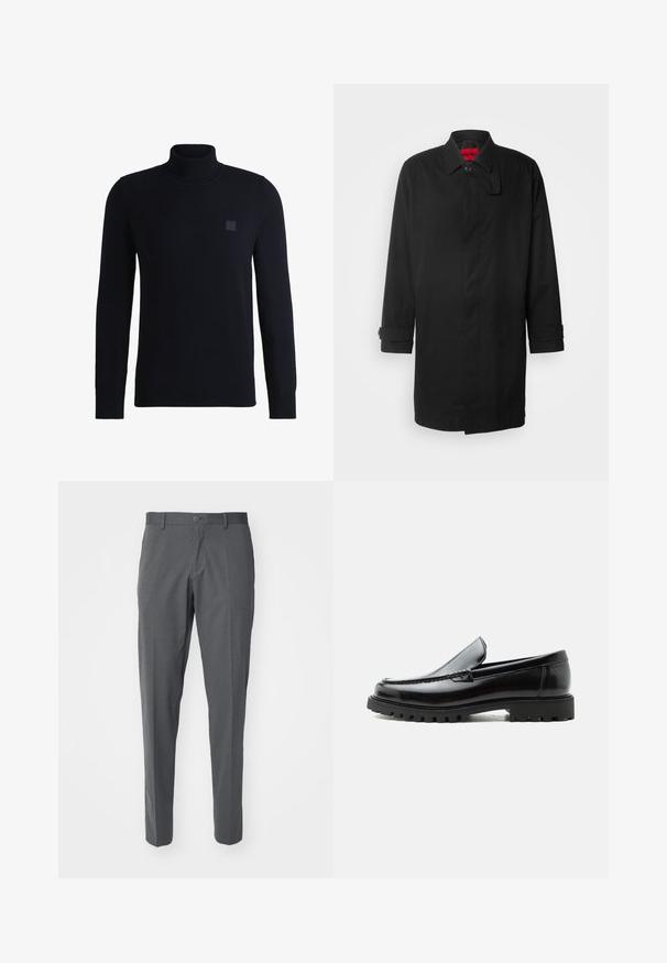 Sort regnjakke med klassisk design, der har knaplukning, krave og opkrøllede manchetter. Glat tekstur, ingen synlige mønstre eller accenter.; Marineblå højhalset sweater lavet af blødt strikmateriale, med lange ærmer og ribbestrikket krave. Inkluderer et firkantet logo-patch på brystet.; Grå bukser lavet af et glat stof, der har en knaplukning, forlommer og en slim fit-design.; Sort læderloafer med chunky gummisål, syet overdel og præget mærkenavn på hælen, vist i sideprofil på hvid baggrund.