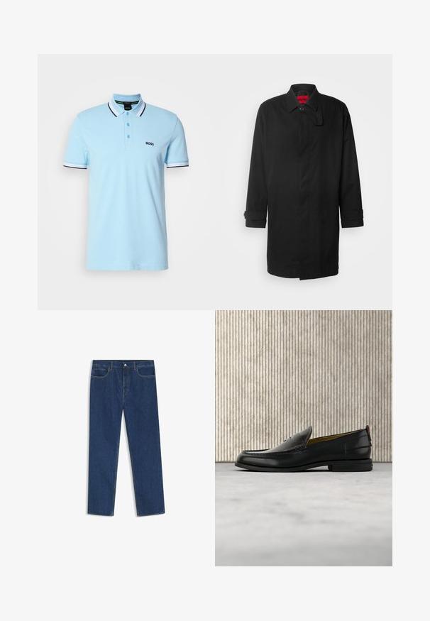 Abrigo de lluvia negro con un diseño clásico, que cuenta con cierre de botones, cuello y puños enrollados. Textura suave, sin patrones o acentos visibles.; Polo de manga corta azul claro con cuello y puños a rayas blancas y negras, tres botones y logotipo "BOSS" en el lado izquierdo del pecho.; Vaqueros de mezclilla azul oscuro de pierna recta con cinco bolsillos y cierre de botón en la cintura, mostrados planos sobre un fondo blanco.; Mocasín de cuero negro para hombre con empeine grabado en relieve de cocodrilo y tacón bajo, mostrado de perfil sobre un fondo neutro.