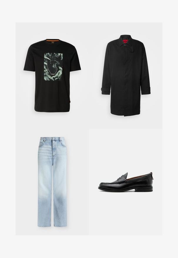 Sort regnjakke med klassisk design, der har knaplukning, krave og opkrøllede manchetter. Glat tekstur, ingen synlige mønstre eller accenter.; Sort bomulds t-shirt med et centralt grafik af en panter omgivet af blade, med en kædekrave og "BOSS" tekst. Korte ærmer.; Lyseblå, højtaljede jeans med rette ben, forlommer, bæltestropper og knaplukning.; Sort læder herre loafer med moc-tå syning, penny strop, struktureret krave og lav stablet hæl på hvid baggrund.