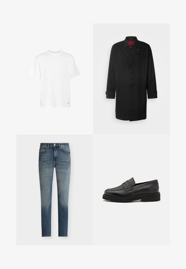 Abrigo de lluvia negro con un diseño clásico, que cuenta con cierre de botones, cuello y puños enrollados. Textura suave, sin patrones o acentos visibles.; Camiseta de algodón blanca con escote redondo, mangas cortas y dobladillo recto. Presenta un pequeño detalle de logo en la esquina inferior.; Vaqueros azules de corte slim para hombre con detalles sutiles de desgaste, cierre de botones y diseño de cinco bolsillos.; Mocasín de cuero negro con punta redonda, detalles de costura y suela gruesa y texturizada. Presenta un diseño elegante y minimalista.