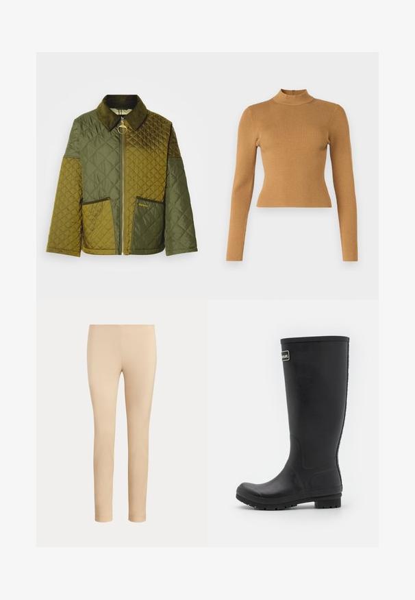 Gewatteerd jack in donkergroen en olijfgroen, met een corduroy kraag, ritssluiting en twee voorzakken met geperst logo.; Geribbelde coltrui in warm bruin. Met lange mouwen, een aansluitend ontwerp en een kleine rits aan de achterkant. Soepele textuur.; Beige slim-fit enkellange broek met een gladde afwerking en zonder zichtbare zakken of versieringen op een effen achtergrond.; Zwarte rubberen regenlaars, met een hoge ontwerp en een gladde matte afwerking. Bevat een dikke zool met ribbels en een logo-accent aan de zijkant.