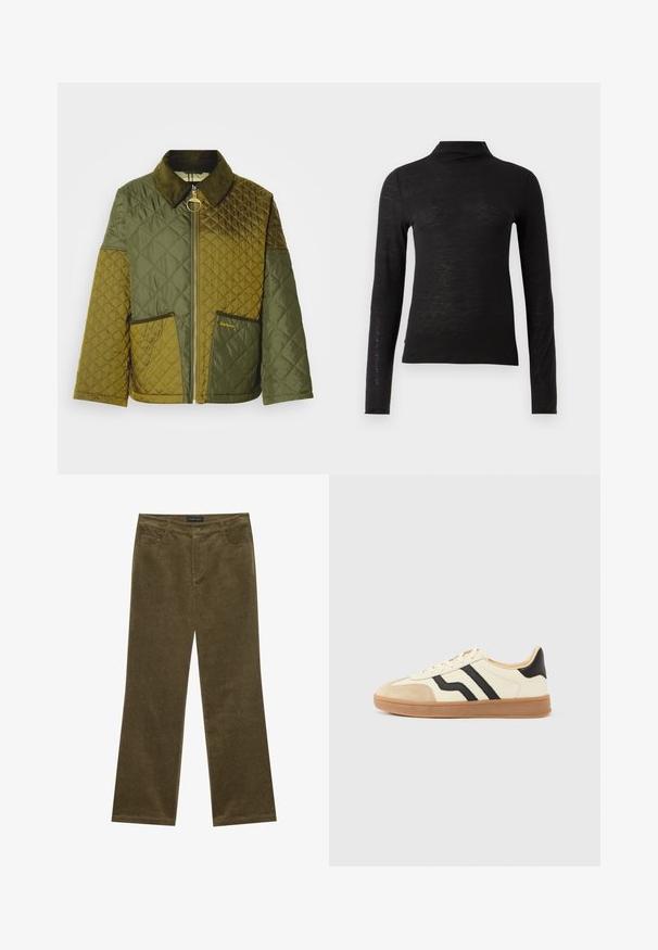 Veste matelassée en vert foncé et olive, dotée d'un col en velours côtelé, d'une fermeture zippée et de deux poches avant avec logo embossé.; Haut noir à manches longues et col roulé en matériau texturé, avec une coupe ajustée et un design minimaliste sans motifs ni éléments matériels visibles.; Pantalons en velours côtelé vert olive évasés avec cinq poches, coutures visibles et fermeture à bouton à la taille pour un maintien sûr.; Baskets à lacets avec une tige crème ornée de rayures noires et un bout en daim, complétées par une semelle en caoutchouc marron.