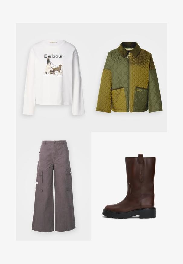 Gewatteerd jack in donkergroen en olijfgroen, met een corduroy kraag, ritssluiting en twee voorzakken met geperst logo.; Witte lange mouwen t-shirt met een afbeelding van een persoon die drie honden uitlaat, met "Barbour" bovenaan in het zwart gedrukt.; Grijze wijde cargobroek van stevig materiaal, met vier grote zakken, een sluiting met knoop aan de voorkant en een relaxte pasvorm.; Bruine leren enkelboots met een ronde neus, dikke zwarte zool en een trekband aan de achterkant. Bevat subtiele logodetails aan de zijkant.