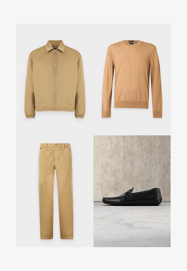 Beige zip-up jas met een getextureerd oppervlak, spitse kraag, elastische manchetten en zijzakken. Heeft een eenvoudige, minimalistische vormgeving.; Beige trui met lange mouwen en ronde hals met geribde boorden en zoom, getoond op een effen lichte achtergrond.; Tan chino's met een recht vallend ontwerp, gemaakt van een zachte stof. Voorzien van voorkruiszakken, een knoopsluiting en subtiele stikdetails.; Zwarte leren loafers met een glanzende afwerking, ronde neus en decoratieve hardware aan de voorkant. Laag profiel rubberen zool. Gladde textuur.