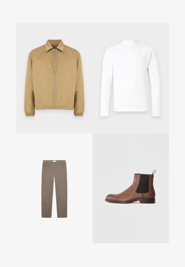 Tan lynlåsjakke med tekstureret overflade, spids krave, elastiske manchetter og sidelommer. Har et enkelt, minimalistisk design.; Hvid skjorte med lange ærmer og høj hals i glat bomuldsstof. Har et enkelt design uden synlige mønstre eller detaljer.; Brune bukser med lige snit, der har forlommer og accentuerende syninger langs siderne for ekstra detaljer og tekstur.; Brune læder Chelsea-støvle med en tekstureret overflade, elastiske sidepaneler og en trækflig. Har en gummisål for bedre trækkraft.
