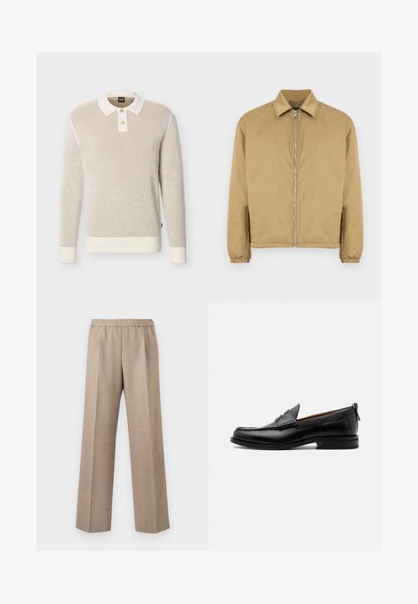 Veste zippée beige avec une surface texturée, col pointu, poignets élastiqués et poches latérales. Présente un design simple et minimaliste.; Pull polo beige en maille texturée à manches longues avec col blanc, deux boutons, poignets et ourlet côtelés.; Pantalon beige à jambe droite avec taille élastique et plis marqués sur le devant de chaque jambe.; Mocassin homme en cuir noir avec couture moc toe, bride penny, col texturé et petit talon empilé sur fond blanc.