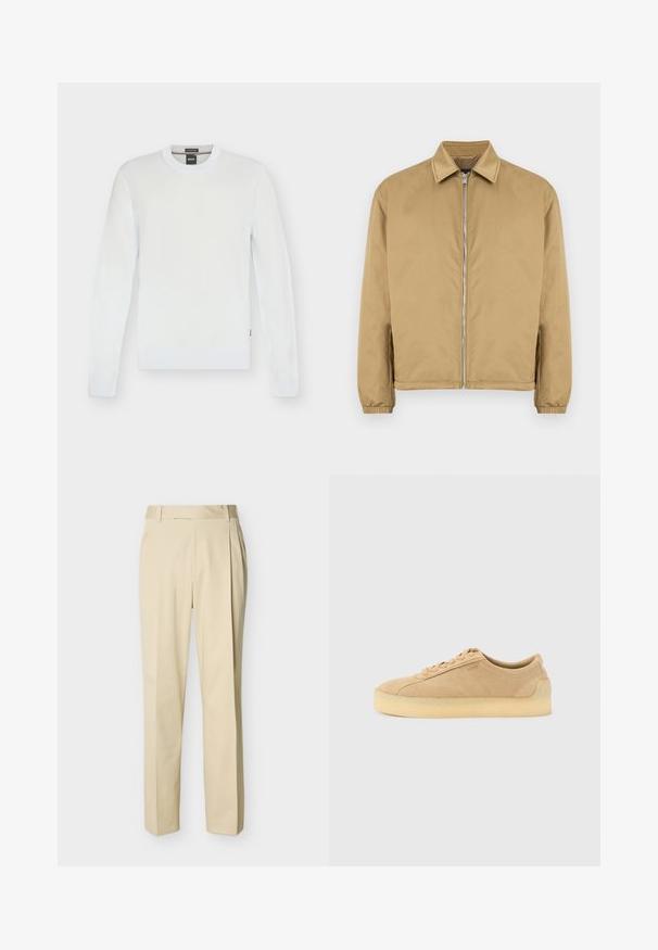 Veste zippée beige avec une surface texturée, col pointu, poignets élastiqués et poches latérales. Présente un design simple et minimaliste.; Pull blanc à manches longues col rond avec poignets et ourlet côtelés, design simple et étiquette de marque BOSS à l'intérieur du col.; Pantalon beige à jambe droite avec passants de ceinture et plis sur le devant, sur un fond uni clair.; Baskets basses en daim beige avec semelle épaisse en gomme, fermeture à lacets à l'avant, et logo discret sur le côté, sur un fond uni gris clair.