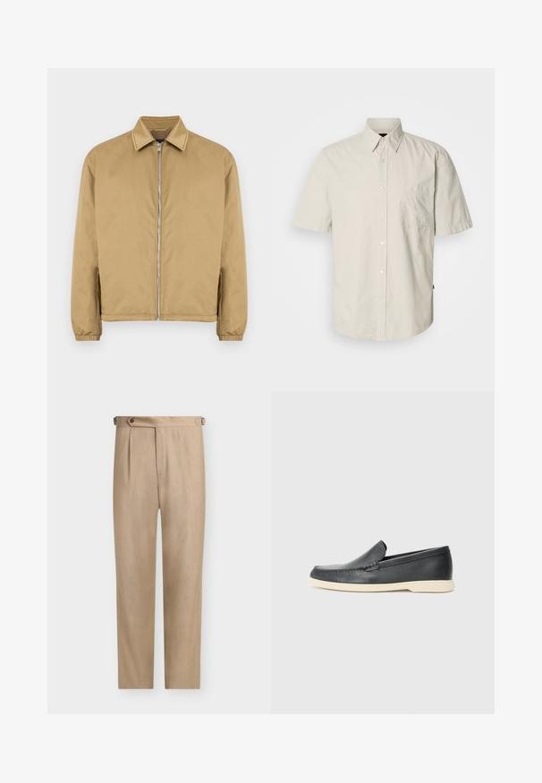 Veste zippée beige avec une surface texturée, col pointu, poignets élastiqués et poches latérales. Présente un design simple et minimaliste.; Chemise beige clair à manches courtes avec boutons, une poche poitrine unique et un col pointu classique, présentée sur un fond blanc.; Pantalon beige taille haute, ajusté, avec un pli côté gauche et des pattes de réglage boutonnées de chaque côté.; Mocassin noir en cuir à enfiler avec semelle beige, positionné en suspension près d'un porte-revues en fil métallique sur un sol en terrazzo.