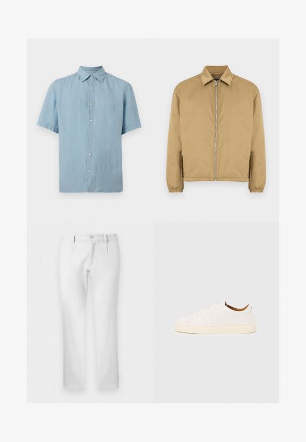 Veste zippée beige avec une surface texturée, col pointu, poignets élastiqués et poches latérales. Présente un design simple et minimaliste.; Chemise bleu clair à manches courtes avec un col classique, sept boutons blancs sur le devant, présentée sur un fond uni.; Pantalon blanc droit avec passants pour ceinture, fermeture par bouton et plis avant sur fond uni.; Baskets blanches basses avec un design à lacets, des détails de couture minimalistes, et une semelle couleur crème sur un fond gris clair.