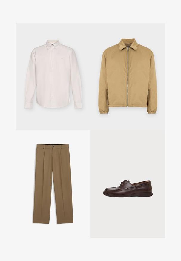 Veste zippée beige avec une surface texturée, col pointu, poignets élastiqués et poches latérales. Présente un design simple et minimaliste.; Chemise blanche à manches longues avec fines rayures verticales, boutonnée à l'avant, col boutonné et logo discret sur la poitrine.; Pantalon droit marron avec passants de ceinture, bouton sur le devant et fermeture éclair, présenté à plat sur fond blanc.; Chaussure bateau en cuir marron foncé avec œillets pour lacets, couture moc toe et semelle plate en caoutchouc sur un fond clair uni.