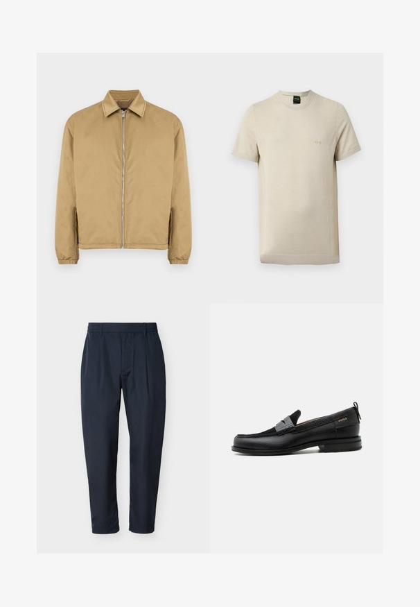 Veste zippée beige avec une surface texturée, col pointu, poignets élastiqués et poches latérales. Présente un design simple et minimaliste.; T-shirt beige à manches courtes avec col rond, texture subtile et petit logo "BOSS" en relief sur la poitrine gauche.; Pantalon droit bleu marine avec passants pour ceinture et plis sur le devant, présenté sur un fond blanc.; Mocassin en cuir noir avec détail de bride grise, talon bas et semelle texturée, marqué "HUGO" en or sur le côté.