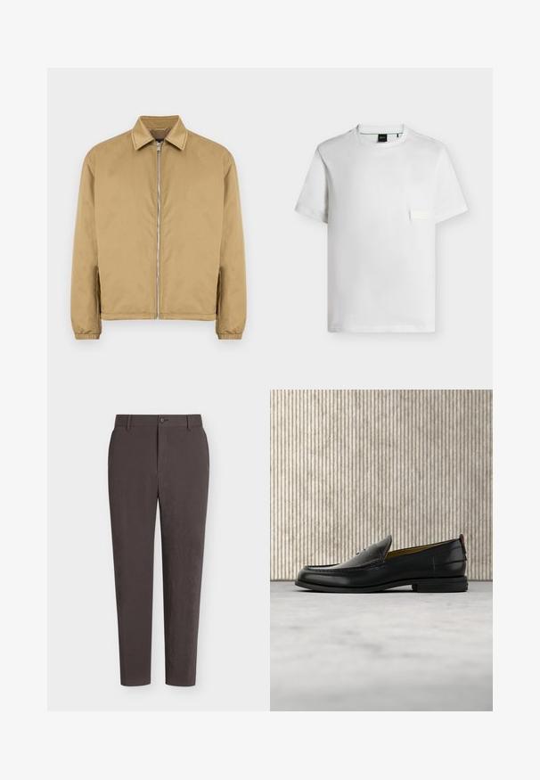 Veste zippée beige avec une surface texturée, col pointu, poignets élastiqués et poches latérales. Présente un design simple et minimaliste.; T-shirt blanc uni à manches courtes et col rond avec un petit patch rectangulaire sur la poitrine gauche et une étiquette noire à l'intérieur du col.; Pantalon slim fit marron foncé avec passants de ceinture, fermeture devant avec bouton et zip, présenté sur un fond blanc uni.; Mocassin pour homme en cuir noir avec un dessus embossé effet croco et un petit talon, présenté de profil sur un fond neutre.