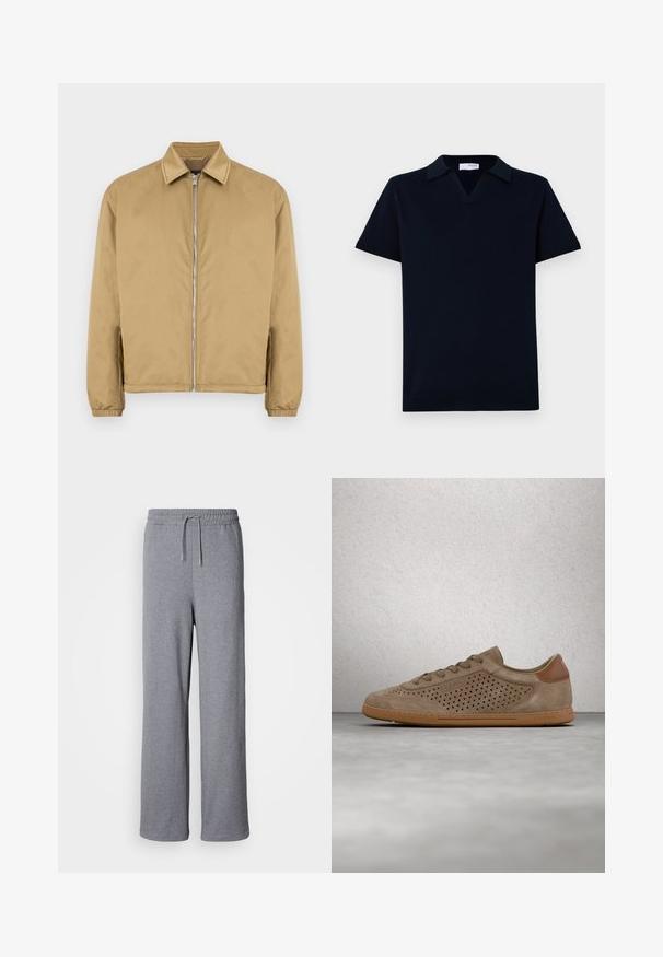 Beige zip-up jas met een getextureerd oppervlak, spitse kraag, elastische manchetten en zijzakken. Heeft een eenvoudige, minimalistische vormgeving.; Marineblauwe gebreide polo met V-hals, korte mouwen en een platte kraag. Ribgebreide zoom en boorden met een gladde textuur.; Grijze, wijdvallende joggingbroek van zachte stof; voorzien van een elastische tailleband met koord en zonder zakken. Eenvoudig, onopgesmukt ontwerp.; Beige suède lage sneaker met driehoekige perforaties, veterontwerp, bruine zool en "GUESS"-logo op de zijkant en hielriem.