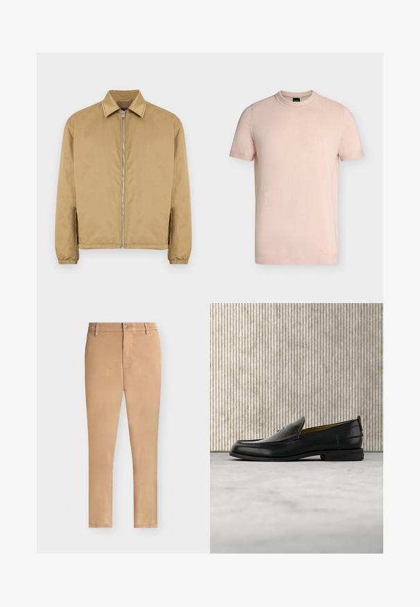 Veste zippée beige avec une surface texturée, col pointu, poignets élastiqués et poches latérales. Présente un design simple et minimaliste.; T-shirt rose clair à manches courtes et col rond avec logo "BOSS" brodé sur la poitrine gauche.; Chino slim couleur beige avec fermeture à bouton et zip, passants pour ceinture et pas de poches visibles, présenté sur fond blanc uni.; Mocassin pour homme en cuir noir avec un dessus embossé effet croco et un petit talon, présenté de profil sur un fond neutre.