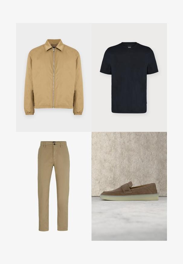 Tan lynlåsjakke med tekstureret overflade, spids krave, elastiske manchetter og sidelommer. Har et enkelt, minimalistisk design.; Sort T-shirt med korte ærmer og rund hals samt et lille BOSS-mærke på kraven, vist mod en ensfarvet hvid baggrund.; Beige bomulds chinos med slim-fit, flad front og knaplukning. Har bæltestropper og sidelommer for funktionalitet.; Beige ruskind slip-on loafer med hvid gummisål og BOSS-logo på sidestroppen, vist mod en ensfarvet neutral baggrund.