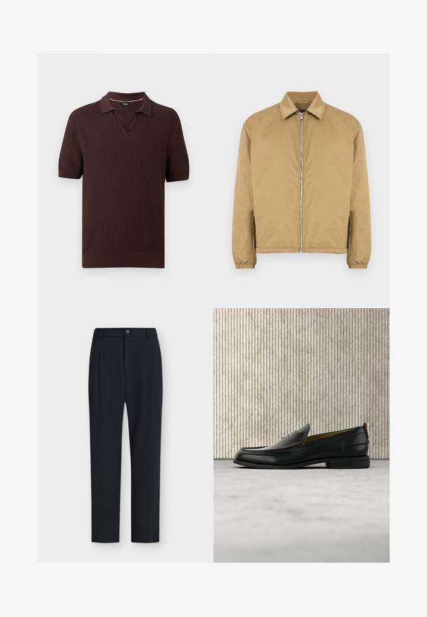 Veste zippée beige avec une surface texturée, col pointu, poignets élastiqués et poches latérales. Présente un design simple et minimaliste.; Polo à manches courtes en maille marron foncé avec motif texturé, col en V ouvert, poignets et ourlet côtelés.; Pantalon formel bleu marine à coupe droite, passants pour ceinture, fermeture avant par bouton et zip, présenté sur un fond uni.; Mocassin pour homme en cuir noir avec un dessus embossé effet croco et un petit talon, présenté de profil sur un fond neutre.