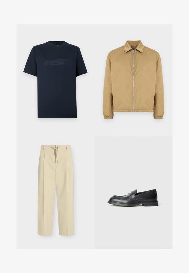 Veste zippée beige avec une surface texturée, col pointu, poignets élastiqués et poches latérales. Présente un design simple et minimaliste.; T-shirt bleu marine à manches courtes en coton, avec une silhouette de voiture embossée sur le devant. Col rond.; Pantalon beige droit avec passants pour ceinture et nouage à l'avant, présentant un design épuré et ajusté ainsi qu'un tissu texturé.; Mocassins en cuir noir avec une finition texturée, dotés d'une bride décorative à l'avant et d'un bout arrondi. Semelle en caoutchouc pour plus de durabilité.