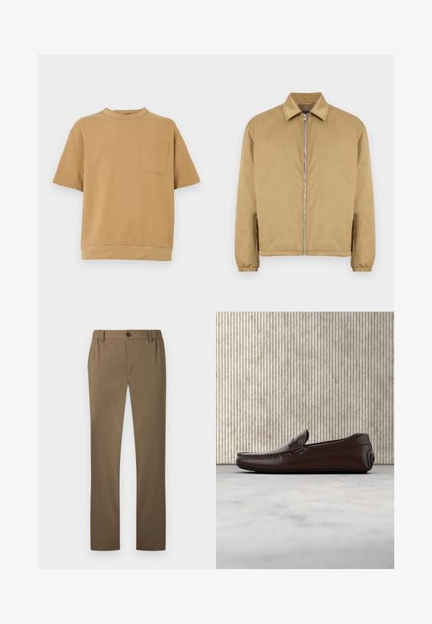 Veste zippée beige avec une surface texturée, col pointu, poignets élastiqués et poches latérales. Présente un design simple et minimaliste.; T-shirt à manches courtes en coton marron clair, avec un col rond et une poche poitrine unique ornée d'une couture droite.; Pantalon droit pour homme en kaki avec fermeture à bouton et glissière, passants de ceinture, sans détails de poches visibles.; Mocassins en cuir marron avec une finition lisse, des coutures de style mocassin, un bout rehaussé et une semelle en caoutchouc basse et flexible.
