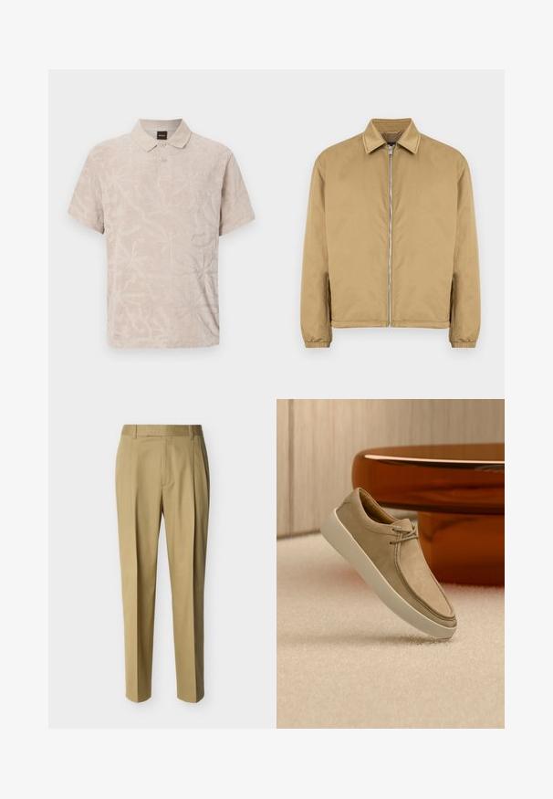 Veste zippée beige avec une surface texturée, col pointu, poignets élastiqués et poches latérales. Présente un design simple et minimaliste.; Polo beige à manches courtes avec un motif floral texturé subtil, patte à deux boutons, col et étiquette BOSS dans le col.; Pantalon beige ajusté avec passants de ceinture et pli frontal, présenté sur un fond clair uni.; Baskets en daim beige avec semelle épaisse blanche et lacets, positionnées sur un tapis beige texturé avec une table ronde brune brillante en arrière-plan.