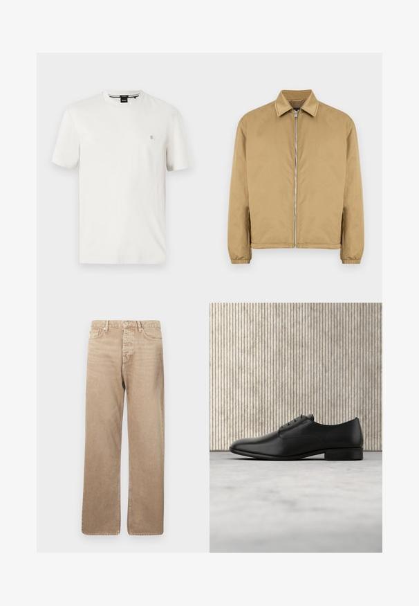 Beige Stehjacke mit strukturierter Oberfläche, spitzem Kragen, elastischen Bündchen und Seitentaschen. Verfügt über ein schlichtes, minimalistisches Design.; Weißes Baumwoll-T-Shirt mit rundem Halsausschnitt, kurzen Ärmeln und einem kleinen Logo-Patch auf der linken Brust. Glatte Textur, normale Passform.; Beige Denim-Jeans mit geradem Schnitt, ausgestattet mit fünf Taschen, einem Knopfverschluss und kontrastierenden Nähten. Glatte Textur und minimale Abnutzung.; Schwarze Leder-Halbschuh mit schlankem Design, runder Zehenform, fünf Ösen für die Schnürsenkel und einem kleinen, erhöhten Absatz. Dezentes, geprägtes Logodetail.
