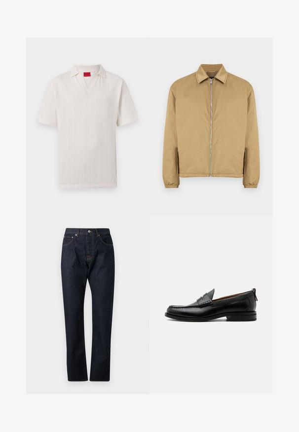 Veste zippée beige avec une surface texturée, col pointu, poignets élastiqués et poches latérales. Présente un design simple et minimaliste.; Polo blanc à manches courtes en tissu texturé, avec une étiquette de marque Hugo rouge à l'intérieur du col et une ouverture en V.; Jean en denim bleu foncé à jambes droites avec un design à cinq poches et fermeture à boutons, vu de face sur un fond clair.; Mocassin homme en cuir noir avec couture moc toe, bride penny, col texturé et petit talon empilé sur fond blanc.