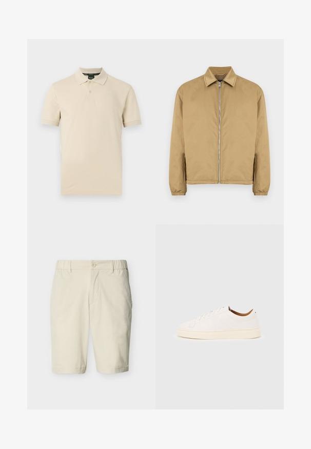 Veste zippée beige avec une surface texturée, col pointu, poignets élastiqués et poches latérales. Présente un design simple et minimaliste.; Polo beige à manches courtes avec deux boutons, col classique, et logo BOSS subtilement en relief sur le côté gauche de la poitrine.; Shorts beige mi-longueur avec fermeture à bouton, bandes élastiques latérales à la taille, passants pour ceinture et poches latérales sur fond uni.; Baskets blanches basses avec un design à lacets, des détails de couture minimalistes, et une semelle couleur crème sur un fond gris clair.
