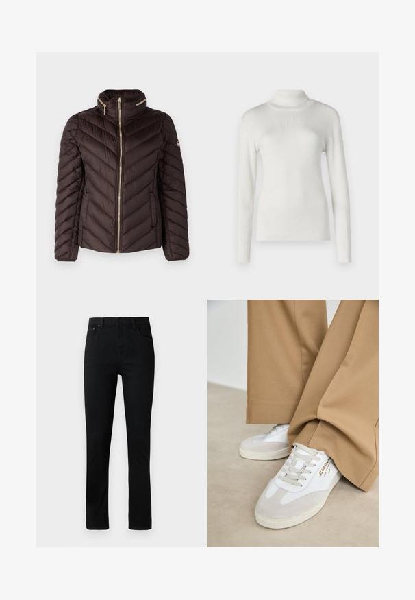MICHAEL Michael Kors Páperová bunda - chocolate; Biely rebrovaný rolák s dlhými rukávmi. Má priliehavý strih a hladkú textúru, ideálny na vrstvenie.; Čierne denimové džínsy so strihom rovného nohavice, s gombíkovým zapínaním, piatimi vreckami a jemnými stehovými detailmi. Hladká textura, klasický design.; Biele tenisky s semišovými akcentmi, textúrovanými šnúrkami a gumovou podrážkou. V páre s voľnými béžovými nohavicami. Logo zobrazené na boku.