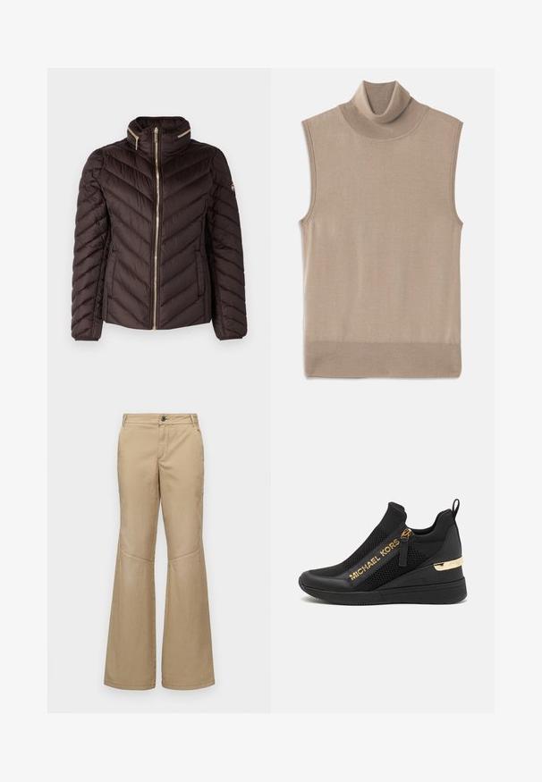 MICHAEL Michael Kors Dunjakker - chocolate; Beige ærmeløs strikket turtleneck sweater med ribbet krave, ærmeåbninger og kant, lagt fladt på en hvid baggrund.; Beige brede bukser med knaplukning, for- og sidelommer samt stikninger, lavet af et letvægts, struktureret stof.; Sorte atletiske sneakers med mesh-paneler, gulllogo-detaljer, slip-on design og en kilehæl for ekstra højde. Gummisål.