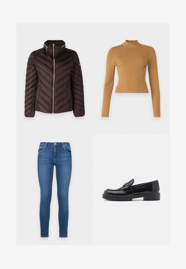 MICHAEL Michael Kors Dunjakker - chocolate; Ribbet højhalset top i varm brun. Har lange ærmer, et tætsiddende design og en lille lynlås bagpå. Glat tekstur.; Slanke blå jeans i denimmateriale med mellemhøj talje, fem lomme-design og en glat tekstur med minimal falming.; Sorte patenterede lædersko med rund tå, let syningdetaljer og en tyk, robust gummisål. Har en dekorativ toprem.