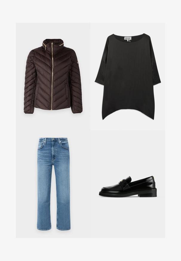 MICHAEL Michael Kors Daunenjacke - chocolate; Locker sitzende schwarze Satinbluse mit weitem rundem Ausschnitt und dreiviertellangen Ärmeln vor einfarbigem Hintergrund.; Mitteldblaue, gerade geschnittene Denim-Jeans mit hoher Taille, vorderem Knopf und fünf Taschenstil vor einem schlichten Hintergrund.; Schwarzer, polierter Lederloafer mit niedrigem Blockabsatz, Mokassinnaht und dekorativem Riemen über dem Spann.