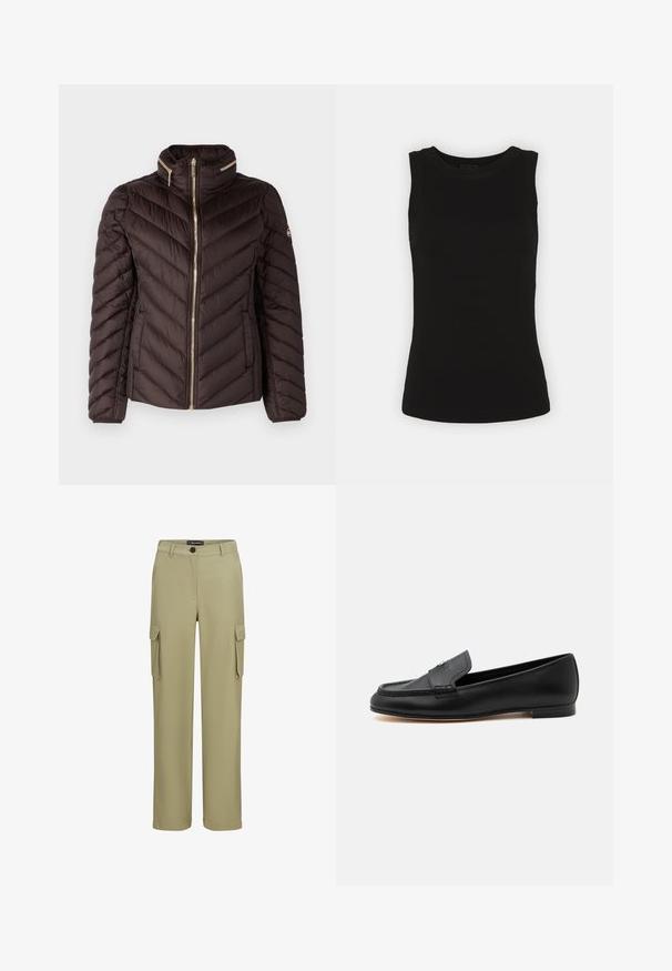 MICHAEL Michael Kors Dunjakker - chocolate; Sort ærmeløs tanktop i ribbet bomuld med rund halsudskæring og tætsiddende silhuet.; Khaki cargo bukser lavet af blødt stof. Har to sidelommer og knaplukning. Lige ben-design med en skræddersyet afslutning.; Sort læderloafer med lav hæl, syninger og en lille metallisk detalje på vristen.