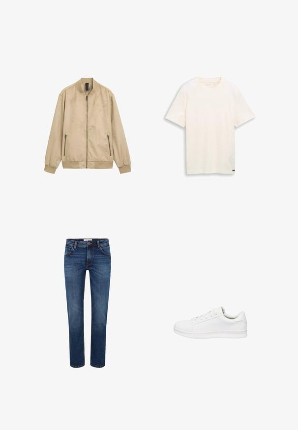 Beige bomberjack met een gladde textuur, een ritssluiting aan de voorkant, zijzakken en geribde manchetten en zoom. Lichtgewicht, casual ontwerp.; Kortärmelig off-white katoenen T-shirt met ronde halslijn, minimale textuur en een klein zwart merkje vlak bij de zoom op een effen achtergrond.; Donkerblauwe jeans met een recht model, vijf-pocket stijl en contrasterende stiksels. Standaard tailleband met knoopsluiting.; Lage witte sneaker met vetersluiting, glad leren bovenwerk, gevoerde kraag en dikke rubberen zool, zijaanzicht op witte achtergrond.