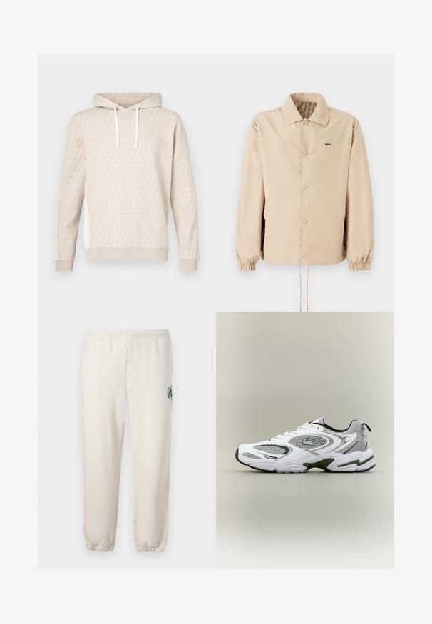 Beige lichtgewicht jack met een kraag, knoopsluitingen, elastische manchetten en een koord aan de onderkant. Heeft een groen logo op de linkerborst.; Beige hoodie met een subtiel geometrisch patroon, capuchon met trekkoord, geribbelde manchetten en zijpanelen. Zachte textuur, casual ontwerp.; Lichtbeige sweatpants van katoen, met een elastische tailleband, geribde boorden en een groen logo met een bladerenontwerp op het linkerpand.; Witte en grijze sportieve hardloopschoen met meshpanelen, groene accenten, zwarte details en een logo aan de zijkant, getoond vanaf de buitenkant.