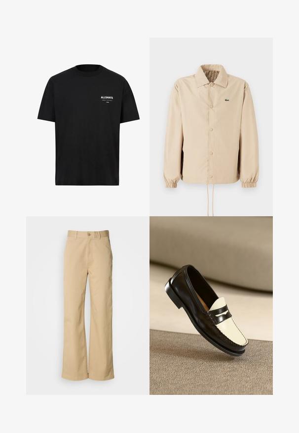 Beige lichtgewicht jack met een kraag, knoopsluitingen, elastische manchetten en een koord aan de onderkant. Heeft een groen logo op de linkerborst.; Zwarte katoen T-shirt met korte mouwen en een ronde hals. Bevat witte tekst "ALLSAINTS" en "LONDEN" op de linkerborst.; Beige, wijde broek gemaakt van een katoenmix. Voorzien van een knoopsluiting en riemlussen. Soepele textuur, met minimale stikseldetails.; Zwarte leren instapper met een crèmekleurige bovenkant en zwarte accentstrepen, kenmerkend door een lage hak en gedetailleerde stiksels langs de randen.