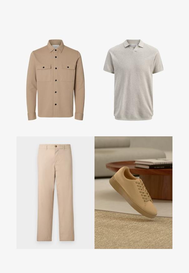 Veste-chemise beige à manches longues avec boutons-pression noirs, deux poches avant à rabat et col pointu.; Polo beige texturé à manches courtes avec col et légère ouverture en V, portant l'étiquette Jack & Jones.; Pantalon beige à jambes droites avec passants de ceinture, fermeture à boutons sur le devant et poches latérales.; Baskets beiges à lacets flottant au-dessus d'un tapis texturé avec une table basse en bois et des livres empilés en arrière-plan flou.